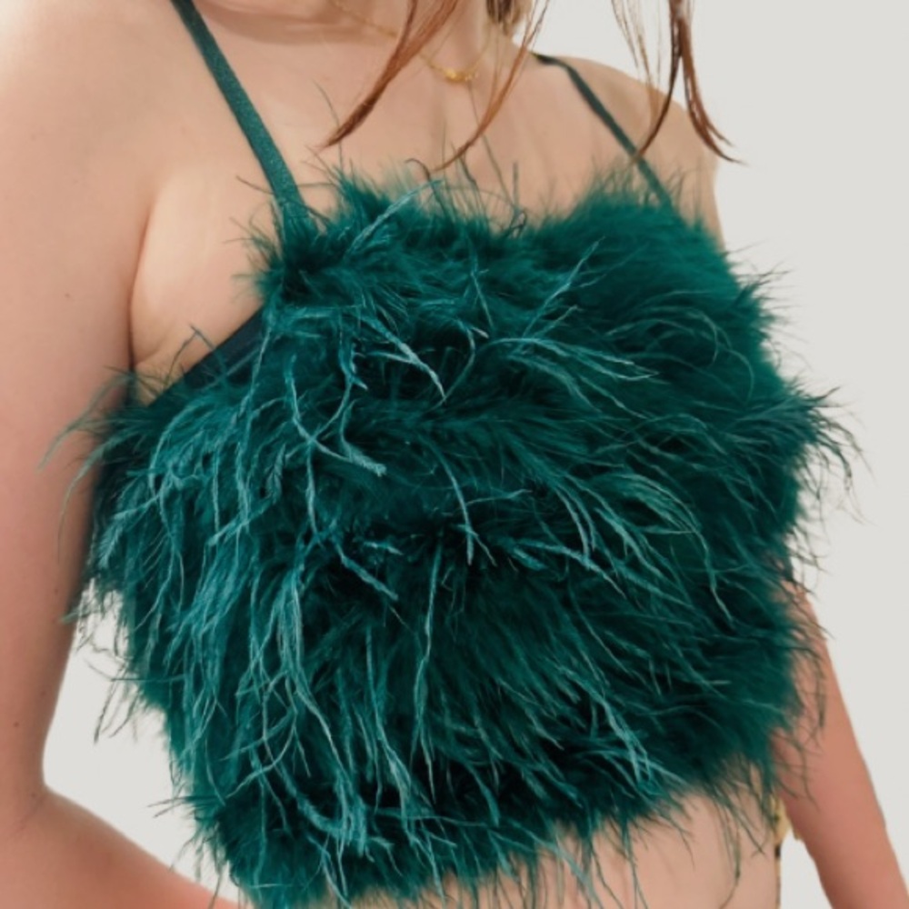 NWT Bailey 44 Ostrich Feather Emerald Green Spaghetti Strap Crop Top